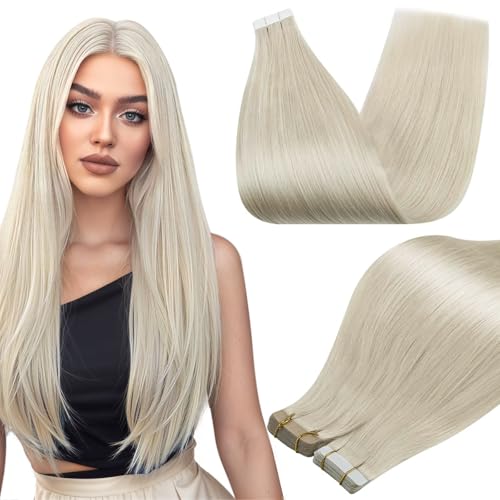 Image of Full Shine White Blonde Tape in Hair Extensions Tape in Extensions Human Hair 10Inch Seamless Invisible Remy Skin Weft Double Sided Adhesive Extension for Women Silky Straight 30G 20Pcs
