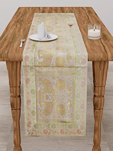 Image of Home Decor Brocade Silk Table Runner for Dinning Table & Centre Table Elephant & Peacock / 16 X 60 Inches (Grey)