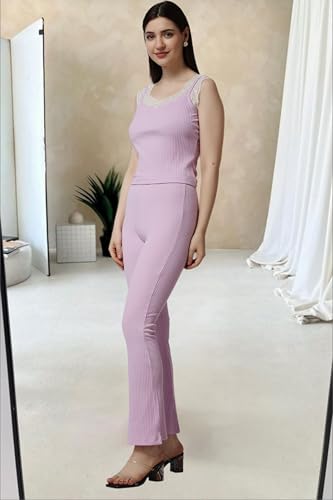 Image of POPWINGS Casual Lavender Solid Rib Crop Top and Trouser Co-ord Set for Women