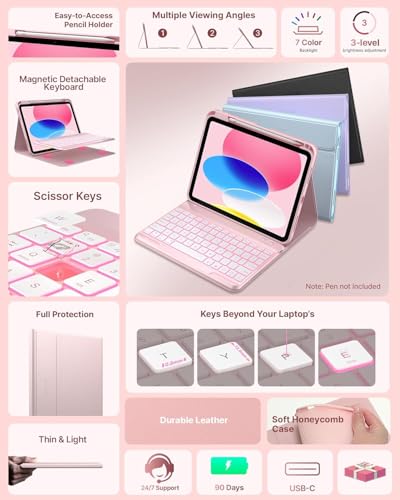 Image of typecase Folio Keyboard Case for iPad A16 (11th) & iPad 10th Gen 10.9 inch (2022), Magnetic Wireless Detachable Keyboard, 7-Color Premium Backlight, Thin & Light, Pencil Holder - Light Pink