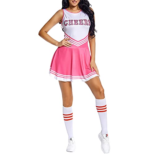 Agoky Womens Sexy Cheerleading Costume Fancy School Uniform Dress With Socks Cheering Flower Pink Small #TOP1