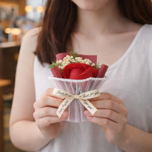 Image of Mini Artificial Red Rose Bouquet for Gifting, Pearl Net Wrapped Flower with inchJust for You inch Ribbon, for Mom, Anniversary, Birthday, Proposal, Desk & Home Decor (Red)