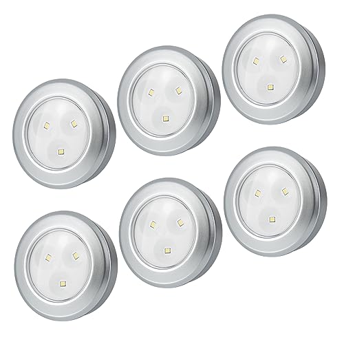 Image of LUXSWAY LED Puck Lights, Battery Operated Tap Lights, Mini Night Touch Light, Stick On Light, Under Cabinet and Counter Lighting for Kitchen Sink, Shelf, 6-Pack, Silver