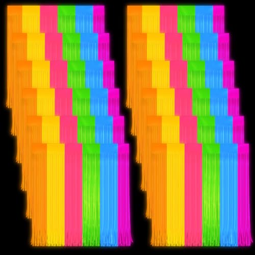 Image of 12 Pack Glow in The Dark Curtains Party Supplies 6.6 x 3.3 Ft Glow Tinsel Foil Fringe Curtains Colorful Patchwork Streamer Backdrop for Birthday Holiday Neon Party Decorations