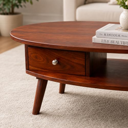 Image of Oval Solid Sheesham Wooden Coffee Table for Home | Living Room Center Table with Storage Shelf & Drawer | Modern Sofa Coffee Table