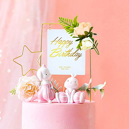Gold Square Happy Birthday Cake Topper, Metal And Acrylic Cake Decoration With Pink Artificial Flower Cluster, Birthday Party Supplies For Girls And Women #TOP1