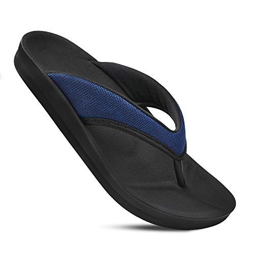 Image of AEROTHOTIC Comfortable Flip Flops for Women with Arch Support Soft Padded Mesh Straps with Breathable Footbed Slip On Footwear Indoor Outdoor Travel Beach walking Sandals Women