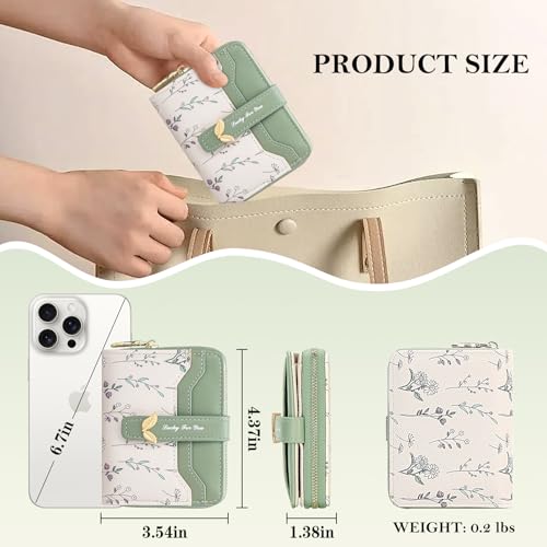 Image of BIAOTIE Wallet for Women Cute Floral Flower Wallet RFID Credit Card Holder Purse Small Bifold Zipper Coin Pocket Purse with ID Windows (Green Fl)