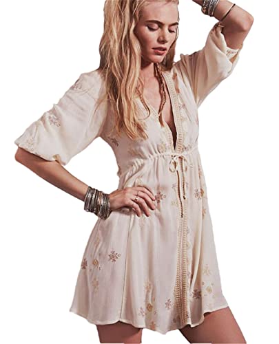 Robe d'été bohème légère Adhdyuud pour rester fraîche en manches longues et broderie ivoire L