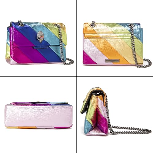 Image of Rejolly Rainbow Stripe Crossbody Shoulder Bag for Women Color Blocking PU Leather Colourful Purse with Chain Strap | PU Leather, with Chain Strap