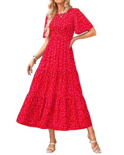 Image of KIRUNDO Summer Dresses for Women 2026 Spring Casual Flutter Short Sleeve Wedding Guest Smocked Flowy Tiered Aline Midi Dress