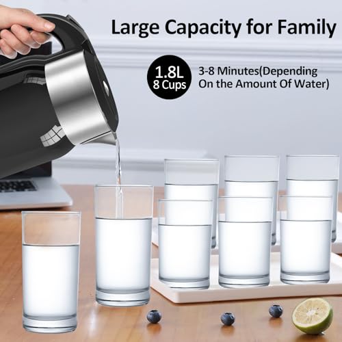 Navie Mobi Hervidor Agua Electrico,1.8L Gran Capacidad,2200W Ebullición Rápida, Calentador Agua Acero inoxidable,Sin BPA,Apagado Automático,Tetera Electrica Sin Goteo,Doble pared,Sin Cable,Negro - imagen 5