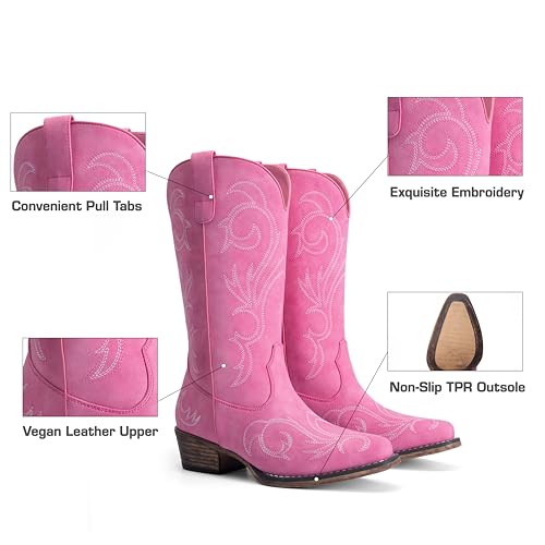 DREAM PAIRS Women's Cowboy Boots Mid Calf Cowgirl Boots Square Toe Chunky Heel Embroidery Stitched Western Boots,Size 11,Pink,SDMB2403W
