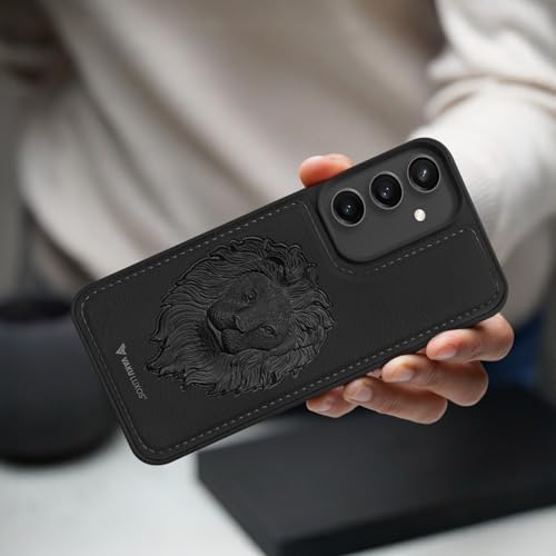 Image of Vaku Luxos Lion Embossed Back Cover Case for Samsung Galaxy S24 FE 5G Premium Leather Stitched Soft Shockproof Protective TPU Phone Case Camera Screen Protector- Black