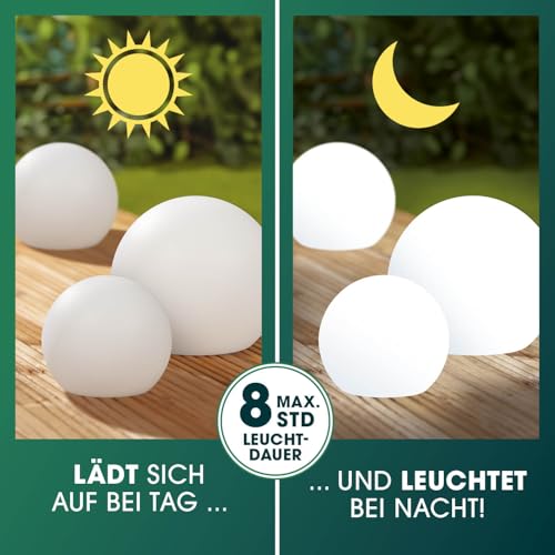 EASYmaxx LED Solarleuchte mit Fernbedienung | 3 kaltweiße Leuchten - Kugeln mit Solarbetrieb & Farbwechsel | dimmbare Helligkeitsstufen, 12 Farben & 5 Leuchtmodi | inklusive Erdspieß & Dämmungssensor