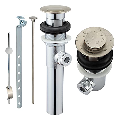 Artiwell Sink Pop-Up Drain Stopper Assembly with Lift Rod and Overflow, Solid Brass Lavatory Pop Up Drain Assembly for Bathroom Vanity Sink, All Brass Construction (Brushed Nickel)