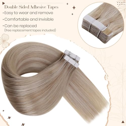 Hetto Tape in Hair Extensions Human Hair Ash Blonde with Bleach Blonde 16 Inch, Invisible Tape Hair Extensions - Image 3