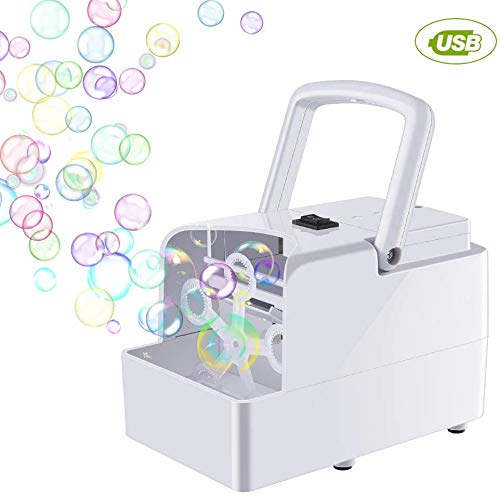 UOUNE Bubble Machine, Automatic Bubble Blower for Wedding and Party, Powered by Plug-in or Batteries, Outdoor and Indoor Use, 2 Bubbles Blowing Speed Levels, White