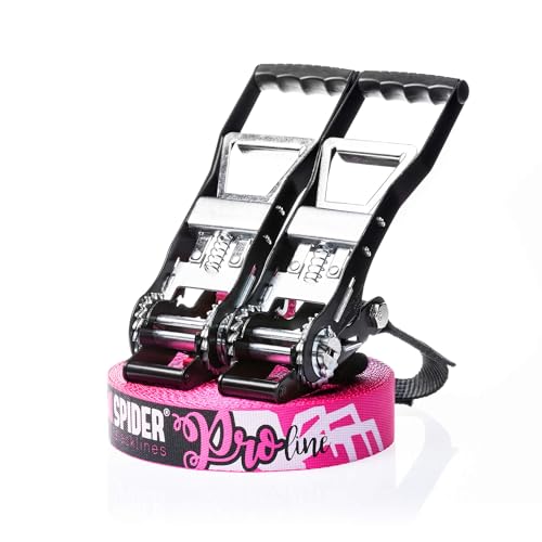 SPIDER SLACKLINE - Kit Pro Line 25 para Saltos, Caminar, Freestyle - Cinta de 25 m con Dos trinquetes, Dos Cintas para árboles, Conectores de Parrilla, Bolsa de Transporte incluida