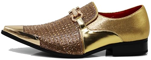 Image of Enzo Romeo Crisino Men Rhinestone Chrome Toe Suede Pointy Buckle Dress Loafer Slip On Shoes (Gold 03, US Footwear Size System, Adult, Men, Numeric, Medium, 10)
