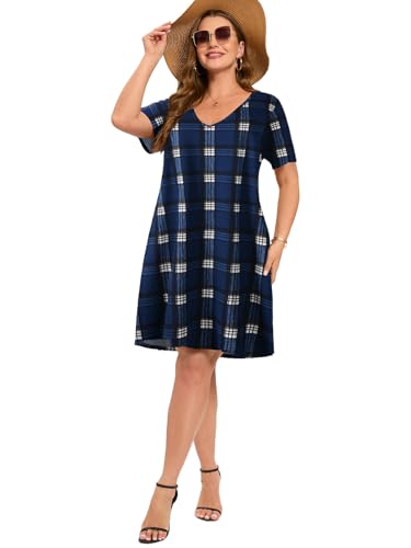Image of ZENNILO Women's Plus Size Swing Dress with Pockets Casual Summer Dresses V Neck Short Sleeve T Shirt Dress for Women