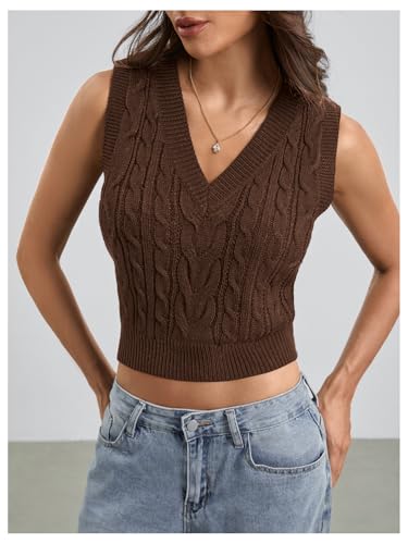Image of Milumia Women's Cable Knit V Neck Sweater Vest Sleeveless Ribbed Crop Tank Top