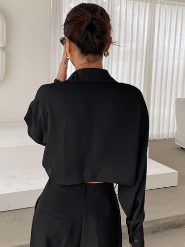 Image of Aahwan Women Polyester Regular Fit White Solid Button Up Drop Shoulder Casual Crop Long Sleeve Shirt