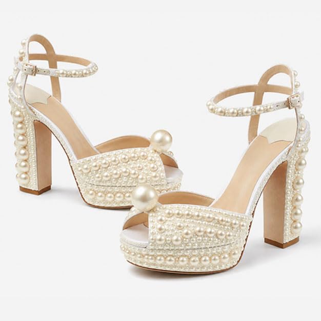 Image of Goolita Womens Open Toe Pearl Platform Heels For Women Chunky Buckle Ankle Strap Wedding Heeled Sandals Dress Evening Bride Bridal Shoes