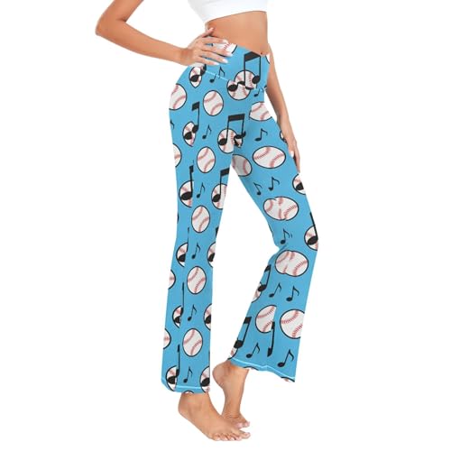 Exnundod Women Flare Pants Baseball Music Notes Pattern_1 Yoga Speaker Leggings Comfy Casual Crossover Waist Pants Sports Dance Workout Bottom,XXL