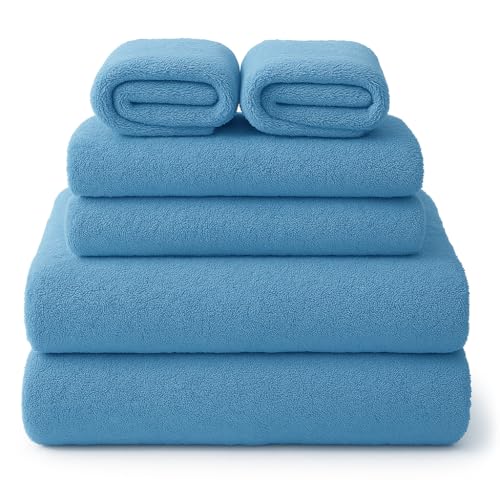 Glart 49M4B Mikrofaser Handtücher 6er Set blau – 2x 75x150 cm, 2x 40x75 cm, 2x 32x32 cm – weich, saugstark, schnelltrocknend, für Bad, Sport, Reise, Sauna, Fitness, Hautpflege, abtupfen statt rubbeln
