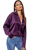SOLY HUX Women's Satin Silk Long Sleeve Button Down Shirt Formal Work Blouse Top Pure Purple Satin Silk M
