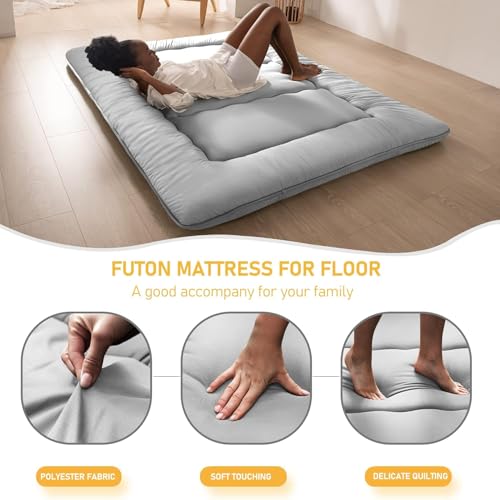 Japanese Floor Mattress,Thicken Japanese Floor Sleeping Pad Foldable,Roll Up Tatami Mat Easy to Store and Portable,Futon Mattress Suitable for Camping and Guest Room (Light Gray, Twin (80" x 36")