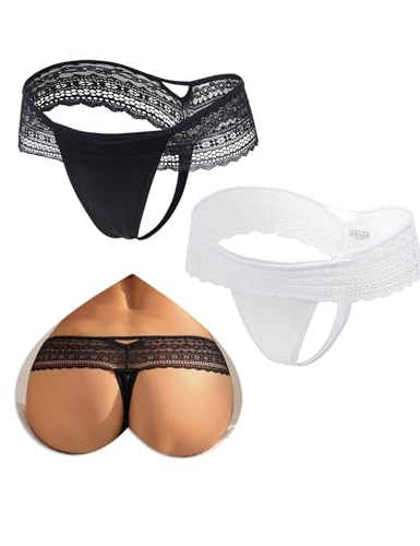 comeondear Tangas Sexy de Encaje para Mujer Talla Grande Tanga de Cintura Baja String Hilo Transparente Thong Bragas Brasileñas Slip Braguitas Ropa Interior Underwear Women(En Caja) Negro+Blanco,M