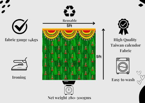 Image of Pooja Backdrop Cloth | Green Banana Leaf Background Flower Garlands Toran and Red Flower Festival Decoration Cloth | varalakshmi Pooja Backdrop 5x5 feet