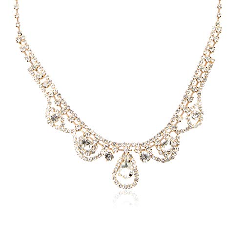 RIAH FASHION Chain Drape Multi Strand Long Layered Waterfall Necklace - Sparkly Rhinestone Statement Bib, Metallic Bead Collar Choker, Bohemian Fringe Tassel (Bib Teardrop - Gold)