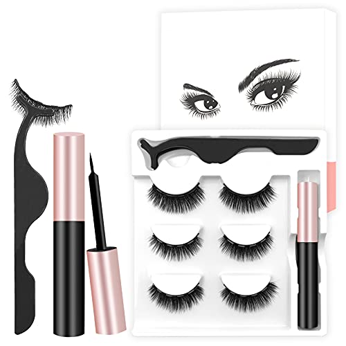 3 Pairs Magnetic Lashes with Eyeliner Kit, Reusable Magnetic False Eyelashes with Magnetic Eyeliner and Tweezers, 3D Natural Look Lashes, No Glue Need