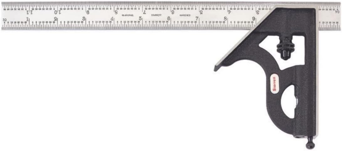 Steel Combination Square with Square Head - 12" Blade Length, Cast Iron Head, Hardened Steel, Reversible Lock Bolt, Scriber, 4R Graduation Type - C11H-12-4R