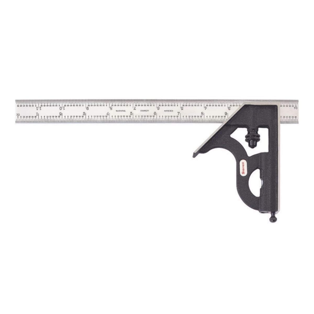 Starrett Steel Combination Square with Square Head - 12 Blade Length, Cast Iron Head, Hardened Steel, Reversible Lock Bolt, Scriber, 4R Graduation Type - C11H-12-4R