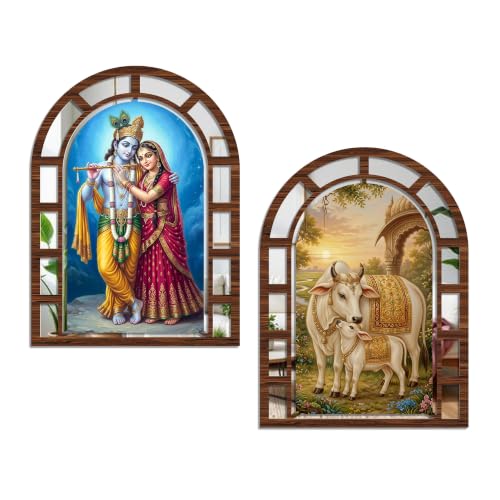 Image of Artvibes Spiritual Radha Krishna Decorative Wall Hanging | Wall Jharokha Mirror Wall Decor for Living Room, Hall, Bedroom, Prayer Room, Lobby & Office | Gift (WHJ 12051N), Set of 2