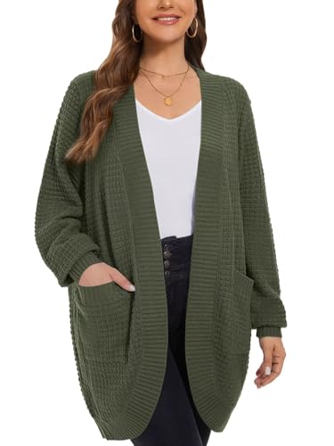Image of LARACE Long Cardigans for Women Plus Size Tops Open Front Sweaters with Pockets Waffle Ribbed Sleeve Loose Fall Outwear