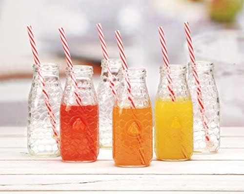 Palais Glasswareยฎ High Quality Milk Bottles with Red & White Swirl Straws (Set of 6 'Honey Bee' Design, 10 Ounce)