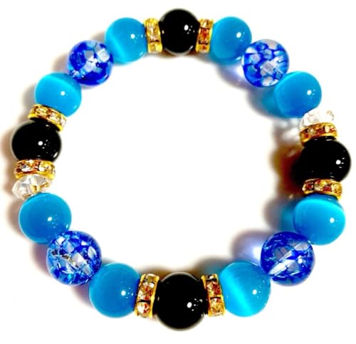 キャッツアイ クラック水晶 青 オニキス 天然石 パワーストーン ブレスレット 数珠 猫目石 ブルー