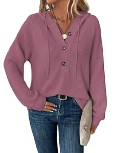 Tanmolo Hoodie Damen Kapuzenpullover Knopfleiste Leichter Pullover Langarm Sweatshirt Tops für Herbst Altrosa, L