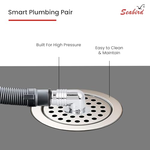 Image of SEABIRD 5-Inch Washing Machine Outlet Pipe Connector with Round Floor Drain Cover | Grating with ABS Elbow & Rubber Seal | Leak-Proof, Rust Resistant & Anti-Overflow for Bathroom & Laundry