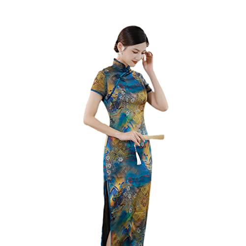 YAROVA Vestido Chino De Mujer - Moda Verano Manga Corta Larga Ropa Tradicional China Mujeres Elegante Slim Cheongsam Qipao Party Boda Retro Ropa Joven, Verde, M