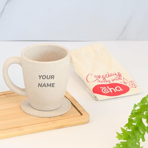 Image of Eha Earth Friendly Customised Coffee Mug, Coaster with Bag 300 ml, Set of 1 | Made with Rice Husk Biocomposite | Personalized Gifts for Friends and Family | Sand Castle