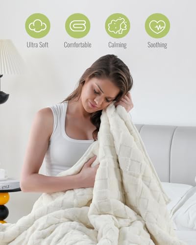 Uttermara Sherpa Fleece Weighted Blanket Full Size(12lbs, 48" x 72", Cream White), 3D Jacquard Checkered Warm Sherpa Heavy Blanket for Adults, Soft Fuzzy Weighted Blankets for Couch Bed Sofa