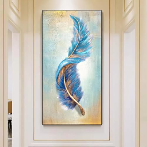 Toile murale plume bleu or KEBIA grand tableau abstrait pour décoration salon