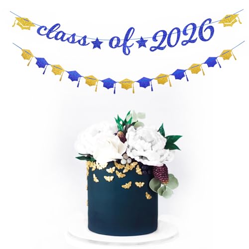 Image of Navy-Blue White-Gold Party-Decorations Graduation Banner - 8pcs Kits Class of 2026 Cap Garland Streamers, Paper Tissue Pom Poms Flowers, Congratulations Grad Decor Lasting Surprise