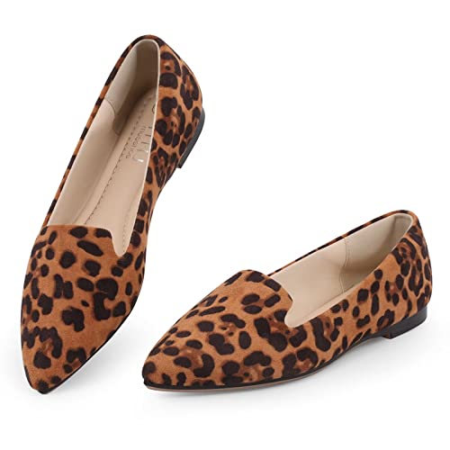 MUSSHOE Flat Shoes Women Pointed Toe Comfortable Women's Flats, Leopard Suede 7.5